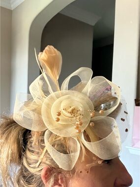 Flower Fascinator Hat Beige Tulle and Feathers